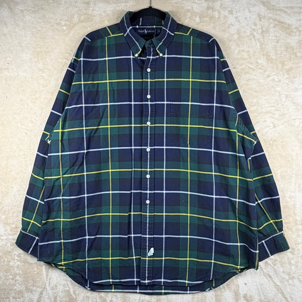 Vintage Ralph Lauren The Big Oxford Men XL Green Navy Plaid Button Down Shirt